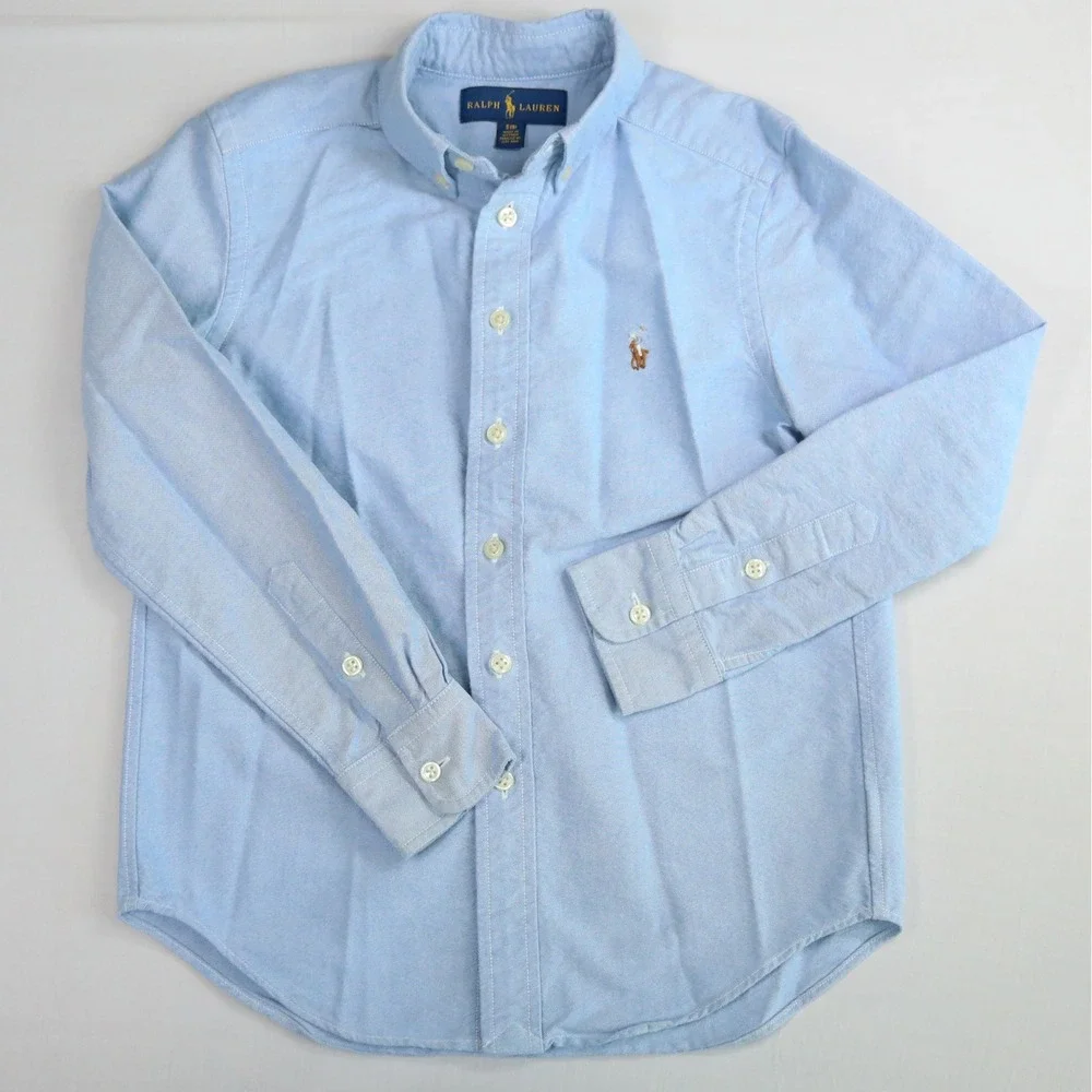 Ralph Lauren‎ Chambray Oxford Button Down Shirt Kids Size S 8 Light Blue LS Pony
